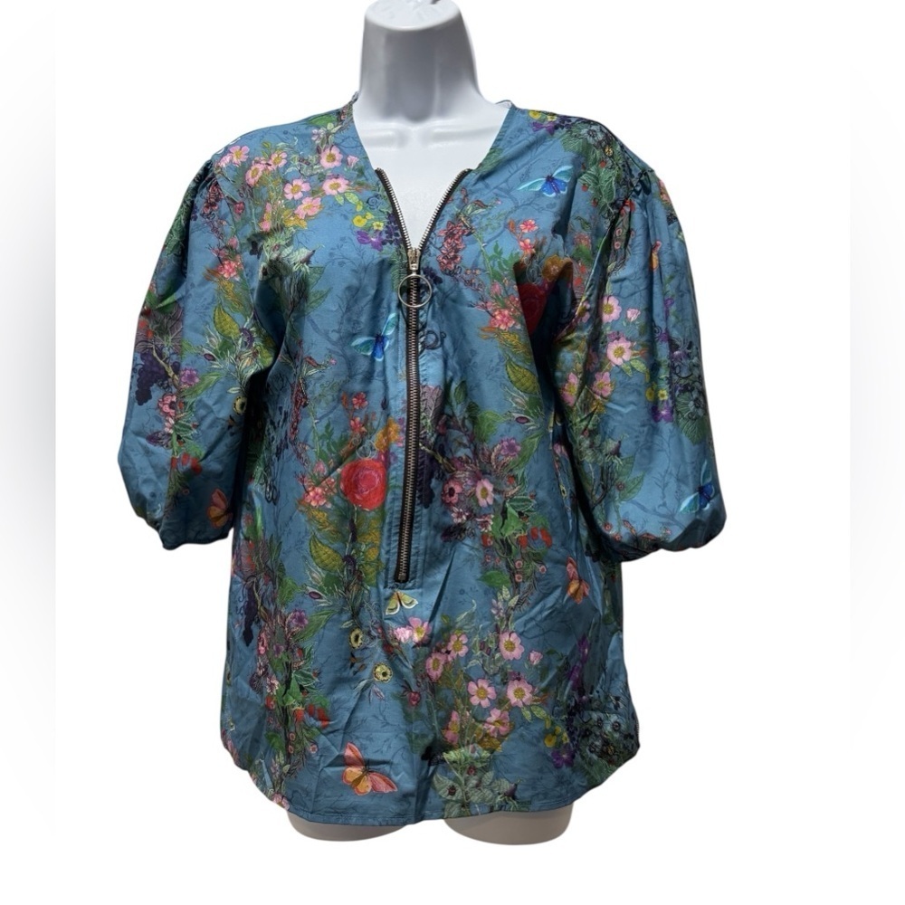 Floral Zipper Front Top Blue Botanical Print Balloon Sleeve Size M